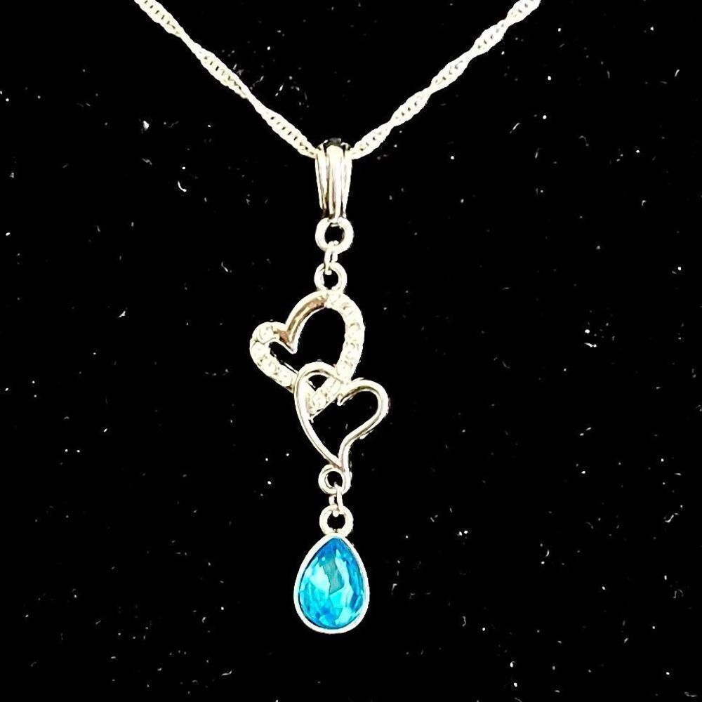 BBZ Ice Blue Crystal & Cz  Pendant w/ 16” 925 Silver Chain